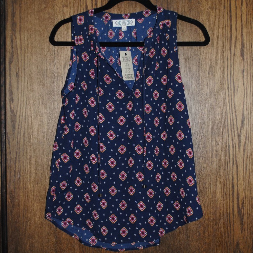 NWT Pink Rose Top Sleeveless Blouse 100% Poly Navy floral